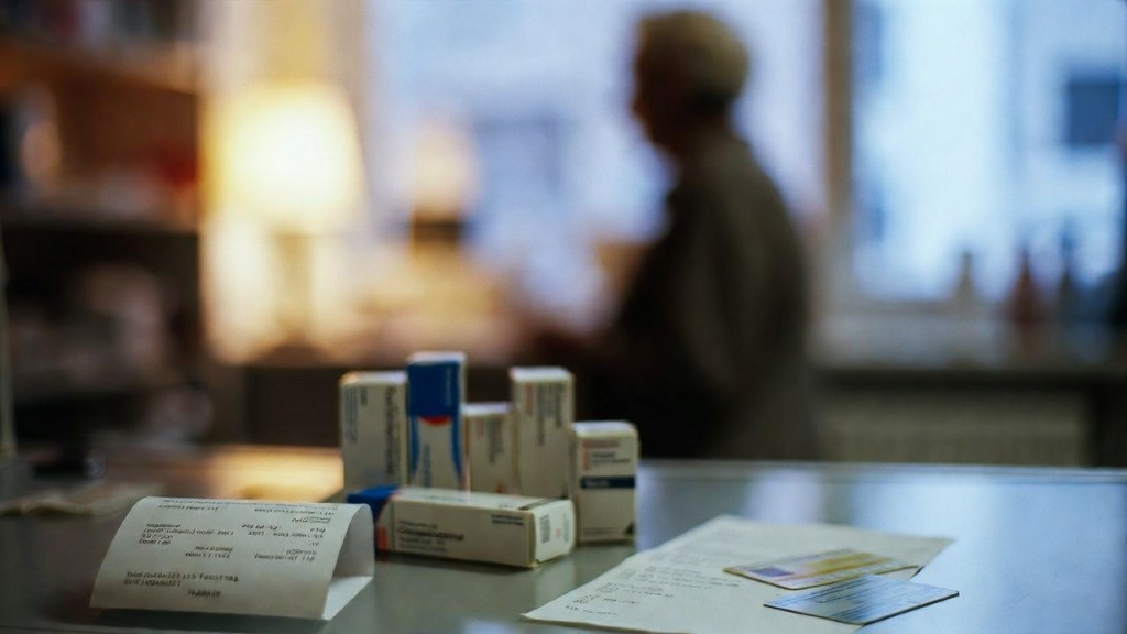 Bancone di una farmacia con farmaci e una tessera generica, con una persona anziana di spalle, per l’articolo sul voucher sanitario da 300 euro per gli over 75